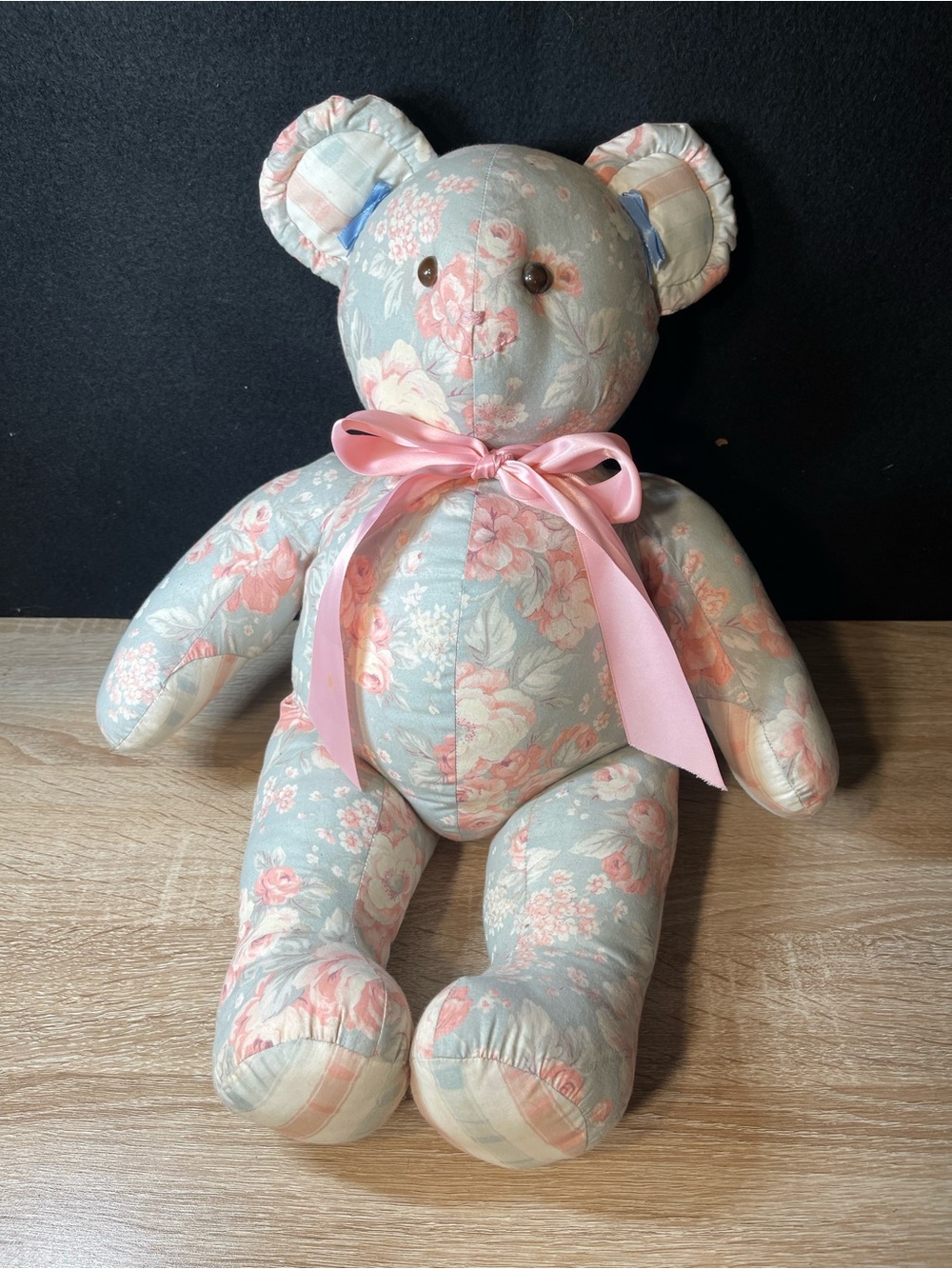 Vtg Floral Teddy Bear with Pink Ribbon